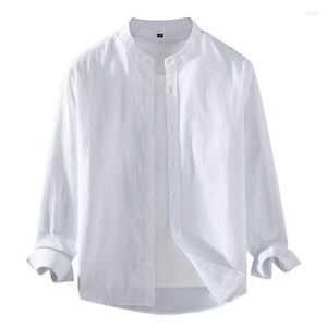 Mäns avslappnade skjortor 2023 Spring Summer Linen Shirt Pure White Stand Collar Långärmning Henley Mjuk bekväm enkel smal mode