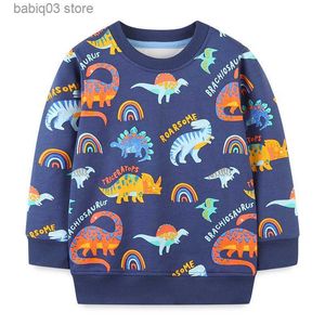 Camisolas com capuz 2023 primavera outono novas camisolas infantis dos desenhos animados dinossauro meninos jumper top impressão completa manga longa roupas infantis dropshipping t230720