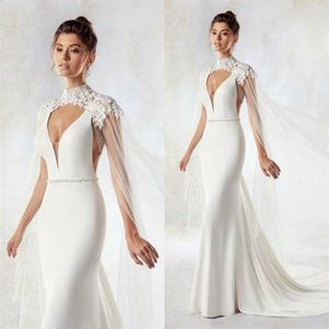 Eddy K Bridal Jacketsカスタムメイドハイカラーレースアップリケされたウェディングケープショールズ女性の長いラップフォーマルドレス265A