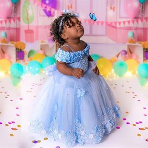 2022 Light Sky Blue Lace Flower Girl Dresses For Wedding 3D Appliqued Pearls Ball Gown Toddler Pageant Gowns Tulle Floor Length Ki1994