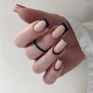 False Nails 24st Black French Fake With Lim Artificial Short Square Gold Foil Design Women's Press On Tips