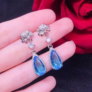 Dangle Earrings Luxury Flower Design For Women Water Drop Sea Blue Simulation Topaz 925 Silver Needle Earring Anniversary Gifts