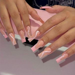 False Nails 24st French Ballerina Nail Artifical Manicure Pink Glitter Lines Overlength Full Cover Wearable Press On Tips