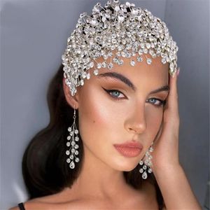 Düğün Gelin Rhinestone Kafa Bandı Alın Taç Tiara Kristal Saç Aksesuarları Pageant Küpe Balo Partisi Takı Setleri