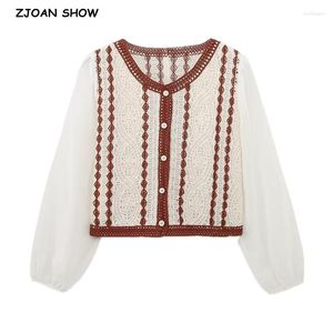 Women's Blouses 2023 BOHO Open Button V Neck Crochet Embroidery Striped Spliced Chiffon Puff Sleeve Shirt Holiday Women Blouse Loose Beach