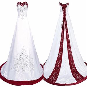 Elegant röd och vit bröllopsklänning broderi prinsessan satin en linje snörning bakåt domstolståg paljetter pärlad lång billig bröllop go330z