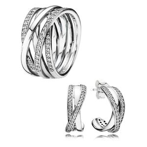 Sparkling Polished Lines Ring Hoop Earrings SET for Real Sterling Sier Designer Jewelry Set for Women Girls Earring Rings with Original