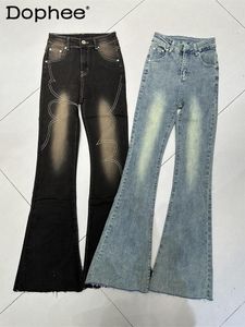 Damen Jeans Retro ausgewaschene helle Farbe Persönlichkeit Schlaghose Frauen Frühherbst hohe Taille schlankmachende Hüfte Stretch Denim Hose