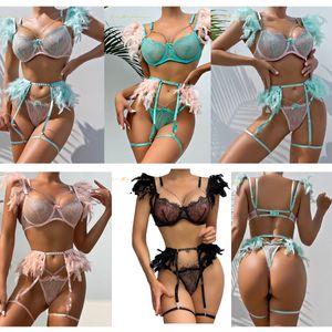 wholesale Abito trasparente lei in pizzo sexy Set di biancheria intima di piume set di quattro pezzi in pizzo catena multicolore set di biancheria intima sexy oln1239