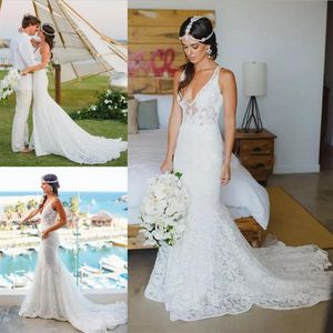 Abiti da sposa in pizzo stile country guaina 2019 scollo a V spiaggia Boho abiti da sposa sirena abiti da sposa all'aperto senza schienale personalizzati Vestid262T