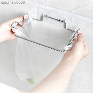 LOKI7 Wall Mounted Stainless Steel Garbage Bag Holder Adhesive Hanging Trash Rack Multifunctional Towel Hanger Kitchen Organizer L230704