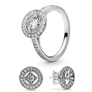 Vintage Circle Ring Saplama Küpe Pandora için Set 925 STERLING Gümüş Düğün Partisi Kadınlar İçin Kızlar Kristal Elmas Lüks Yüzük Orijinal Kutu ile Küpe