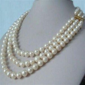 Fine Pearls Jewelry Collana di perle bianche akoya naturali a tre fili 8-8 5mm 17 18 19 Chiusura in oro 14K245u