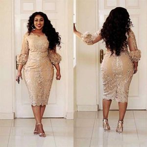 Champagne Lace Short Mother of the Bride Dresses Plus Size 2019 Tea Length 3 4 Long Sleeve Sheath Mother of Groom Gowns M02248P