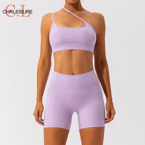 Women's Tracksuits CHRLEISURE Quick Dry Sports Sets Women High Waist Shorts Raised BuTights Short Strap Bra Female Gym