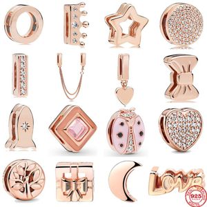 Nowy 925 Sterling Srebrny urok Rose Gold Reflexions Moon Love Family Clip DIY Kulki dla Pandora Kobiet Bransoletka 233e