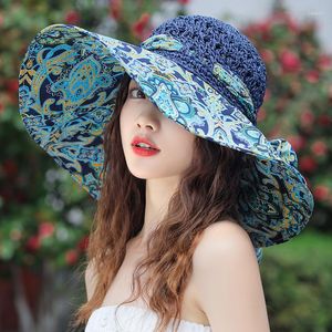 Cappelli a tesa larga Cappello da sole grande da donna Protezione UV estiva Spiaggia al mare Secchiello antivento Stile etnico Cappellini da pescatore di paglia