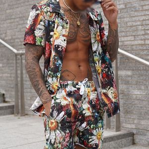 Men s Tracksuits Summer Printed Beach Suit Men Short Sleeved Single Breasted Cardigan Turn down Collar Shirt Lace up Mid Waist Pocket Shorts 230720