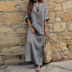 Casual Dresses Women Dress Loose Short Sleeve Cotton Linen Folds Boho Long Summer Vintage Beach Holiday Street Female Robe