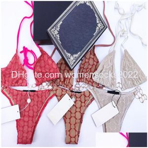 Kadın Mayo Seksi Nakış Bikini Set Mektup Yüzme Tasarımcısı Metal Zincir Mayolar Bölünmüş mayolar için Hediye Tatil D Dhpoh