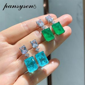 Pansysen Vintage Real 925 Sterling Silver Paraiba Tourmaline Emerald Diamond Gemstone Dangle Drop Earrings Fine Fine Jewelry290p