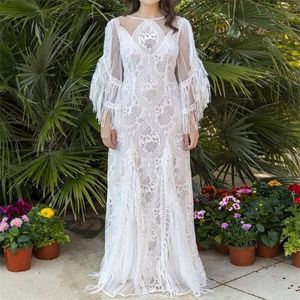 2023 Vestido de Noiva Boho Manga Flare Renda Crochê Elegante Fotografia Vestido de Noiva Boêmio Plus Size Praia Rústico Sem Costas Vestido de Noiva Mariee Femme vestido de noiva