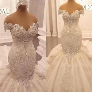 Abito da sposa a sirena in pizzo con applicazioni di lusso 2023 Elegante abito da sposa senza schienale in cristallo con spalle scoperte Arabo Dubai Abiti da sposa 292r