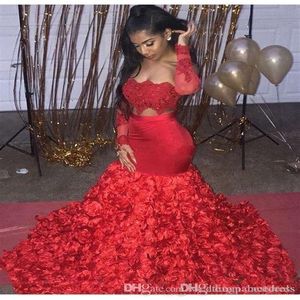 Aso ebi stil röd prom klär två stycken 3d rosblommor för kvinnor party slitage backless dubai långärmad formell aftonklänningar cust297o