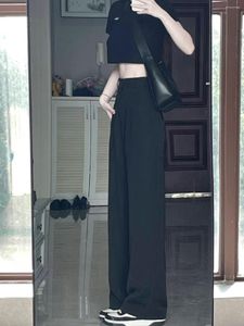 Calças femininas cintura alta terno fino verão grau temperamento preta perna reta larga versátil casual