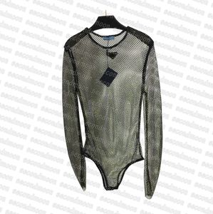 Shiny Rhinestone T Shirt Women Sexy Mesh Bodysuit Summer Fashion Transparent Bodysuits Woman Jumpsuit