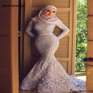 Blue Muslim 2023 Evening Dresses Mermaid Long Sleeves Appliques Lace Scarf Islamic Dubai Saudi Arabic Long Elegant Evening Gown245e