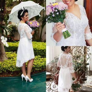 Abiti da sposa semplici Plus Size High Low 3/4 maniche con scollo a V in pizzo Appliques Abiti da sposa corti Custom Made289H