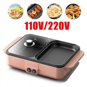 Electric Skillets 110V220V 2 IN 1 Electric Hot Pot Cooker BBQ Grill Multicooker Electric BBQ Grill Non Stick Plate Barbecue Pan Cooking Pot 1200W J230720
