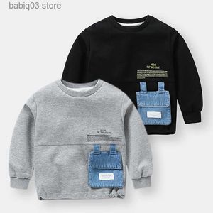 Hoodies Sweatshirts 2023 Spring Autumn Fashion 2 3 4 5 6 7 8 10 Years Children Black Gray Denim Pocket Color Patchwork Sweatshirt For Kids Baby Boy T230720