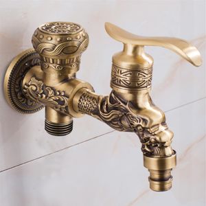 Long Double Use Carved Bibcock Faucet Tap Crane Antique Brass Finish Wall Mount Laundry Faucet Garden Balcony Cold Water Taps2336