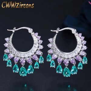 Stud CWWZircons Elegant Purple Blue CZ Crystal Dangle Water Drop Tassel Hoop Earrings Fashion Bridal Wedding Boho Jewelry CZ741 230719
