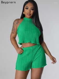 Beyprern Damen-Trainingsanzüge, modisches ärmelloses Neckholder-Plissee-Crop-Top und Shorts-Set mit hoher Taille, Festival-Outfits, Rave-Wear-Night-Out