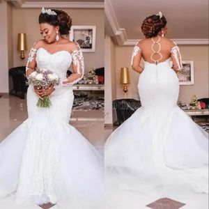 2022 Luxury Beading Mermaid Wedding Dresses Long Sleeve Applicies Pearls African Wedding Bridal Clowns Plus Size Bridal Vestido de 237k