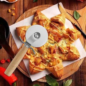 Handhold Pizza Cutter Wooden Handle Stainless Steel Round Pizza Knife Pasta Rotatable Pastry Kitchen Tool dh87