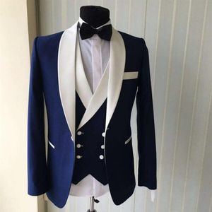 Western Style Tuxedos Costume Ocean Blue Three Pieces Suits White Notched Lapel Trim fit BrideGroom Wedding Clothing Set One Piece3091