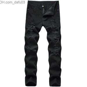 Mäns jeans män high street rippade jeans svarta trendiga män byxor z230720
