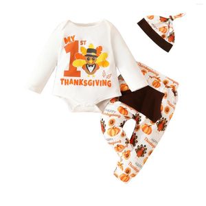 Conjuntos de roupas Pudcoco Infant Baby Boy 3 Pcs Outfit Thanksgiving Turkey Print Macacão manga longa e calça elástica Chapéu bonito Roupas de outono