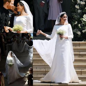 2019 Prins Harrymeghan Markle Long Sleeves Wedding Dresses 2018 Simple Satin Bateau Neck Long Bridal bröllopsklänningar Court Train C233Q