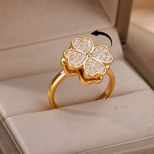Spinner Zircon Heart Four Leaf Clover Rings For Women Stainless Steel Anti Stress Anxiety Fidget Ring Jewelry Christmas Gift