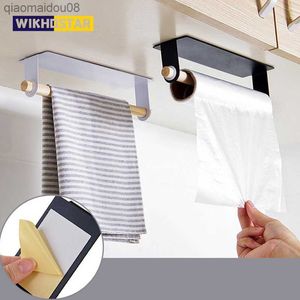 Kitchen Wood Towel Hanger Cabinet Rag Holder Bathroom Roll Paper Rack Punch Free Storage Rack Bathroom Kitchen Organizer L230704