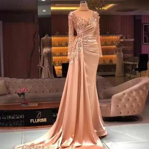 2022 Arabski Aso Ebi luksusowy z koralikami sukienki na bal matrowanie z długim rękawem wysokie szyi peplum satynowy wieczorny impreza suknia