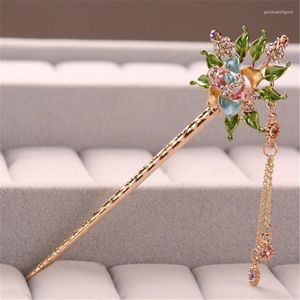 Hair Clips Beauty Women Handmade Colorful Enamel Rose Flowers Hairpin Rhinestone Crystal Sticks Pin Girls Chinese Style Jewelry