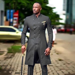 Double Breasted African Design Slim Fit Men Suits For Wedding Groom Tuxedos Dark Grey Bridegroom Man Prom Blazer Men's & Blaz268T