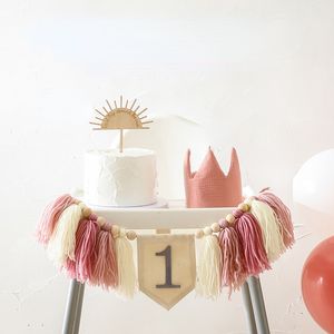 Banner Flags 1 Set Baby Shower Boy Blue Wooden Highchair Garland Kit Girl First Pink Party Hat Set Birthday Stage Property 230720