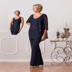 Elegante três peças renda mãe da noiva ternos de calça com jaqueta de renda feminina ternos formais para casamentos vestidos longos Par315F